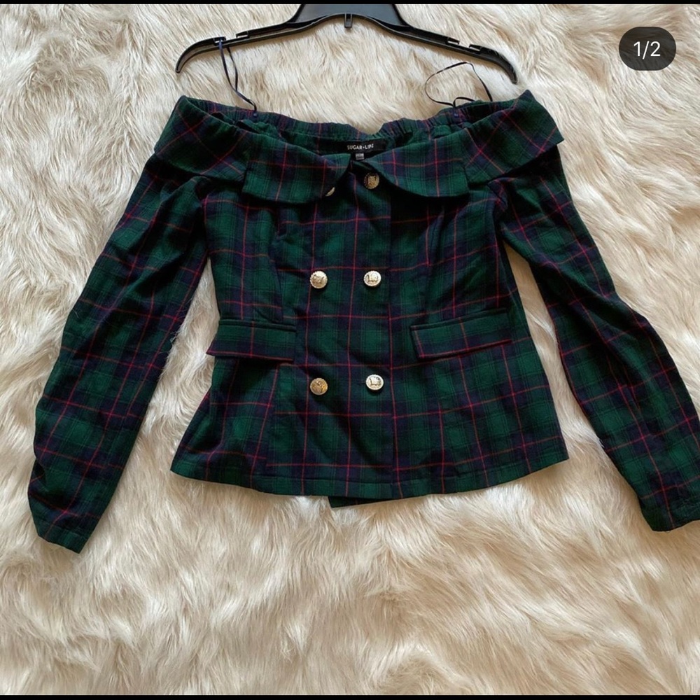 Off Shoulder Plaid Blouse